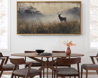 Large Framed Misty Forest Deer Wall Art, Moody Woodland Landscape Canvas Print, Rustic Wildlife Decor for Living Room