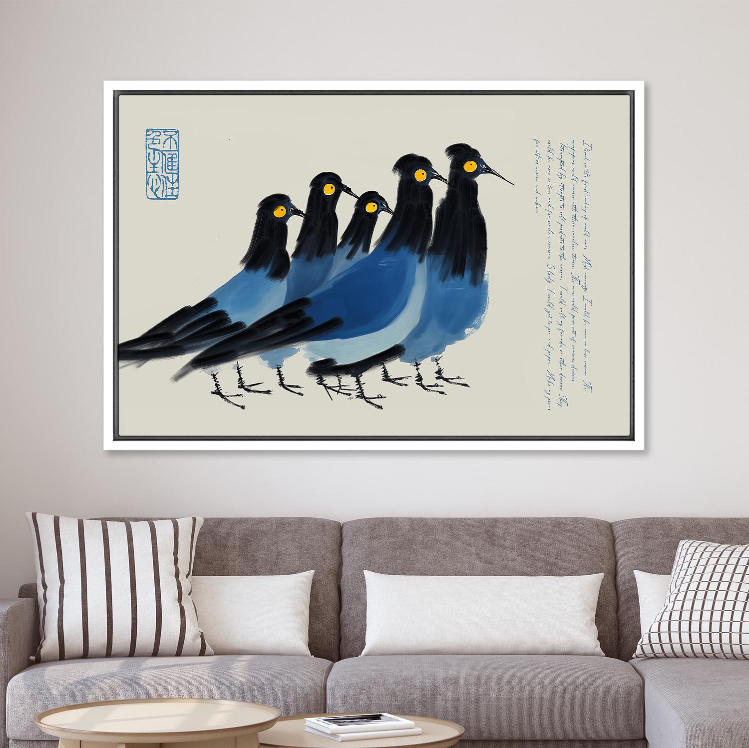 Funny Blue & Black Birds Wall Art - Framed Minimalist Ink Canvas