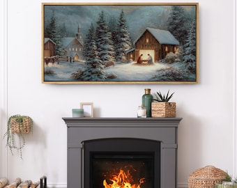 Large Framed Nativity Christian Christmas Wall Art, Rustic Winter Manger Canvas Print, Holy Family in Snowy Forest Decor for Living Room