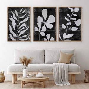 Framed Canvas Wall Art Set of 3 Black and White Abstract Leaf Botanical Prints Minimalist Art Modern Farmhouse Wall Decor