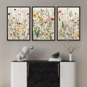 Framed Canvas Wall Art Set Watercolor Wildflowers Floral Botanical Prints Minimalist Modern Art Boho Wall Decor bundle of 3 - Black