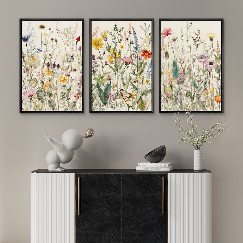Framed Canvas Wall Art Set Watercolor Wildflowers Floral Botanical Prints Minimalist Modern Art Boho Wall Decor bundle of 3 - Black