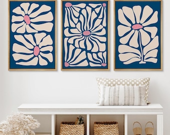 Framed Canvas Wall Art Set of 3 Navy Blue Abstract Floral Botanical Wildflower Prints Minimalist Modern Boho Wall Art Decor