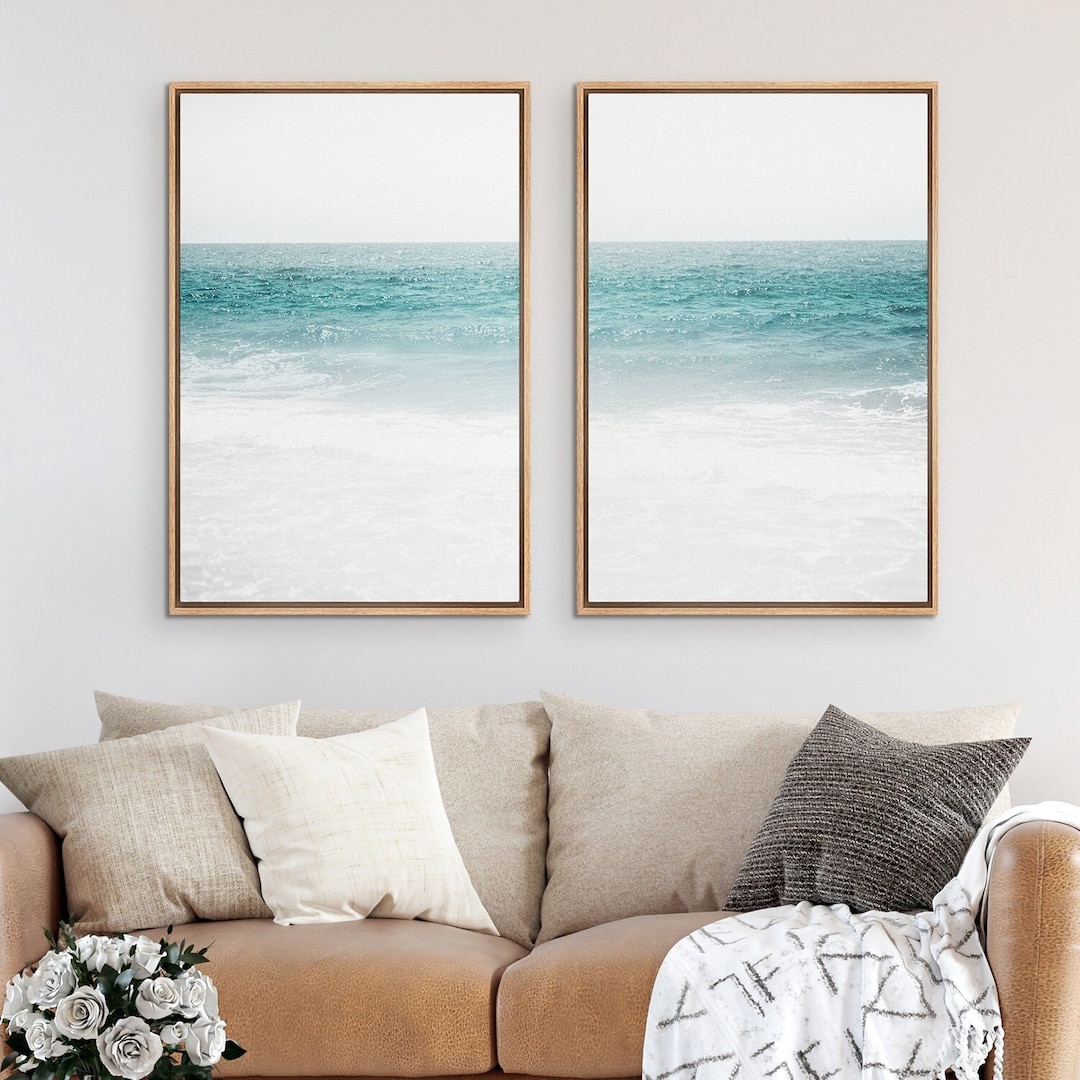 Framed Canvas Wall Art Set of 2 Blue Beach Ocean Photography Prints ...