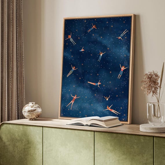 Framed Canvas Wall Art Prints Whimsical Floating Figures in Starry Night Sky Surreal and Dreamy Wall art Unique Artwork Bedroom wall decor