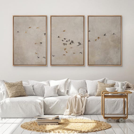 Flying Birds Wall Art - Framed Minimalist Canvas Set of 3, Neutral Beige Abstract Silhouette Print, Zen Wall Decor for Living Room, Office