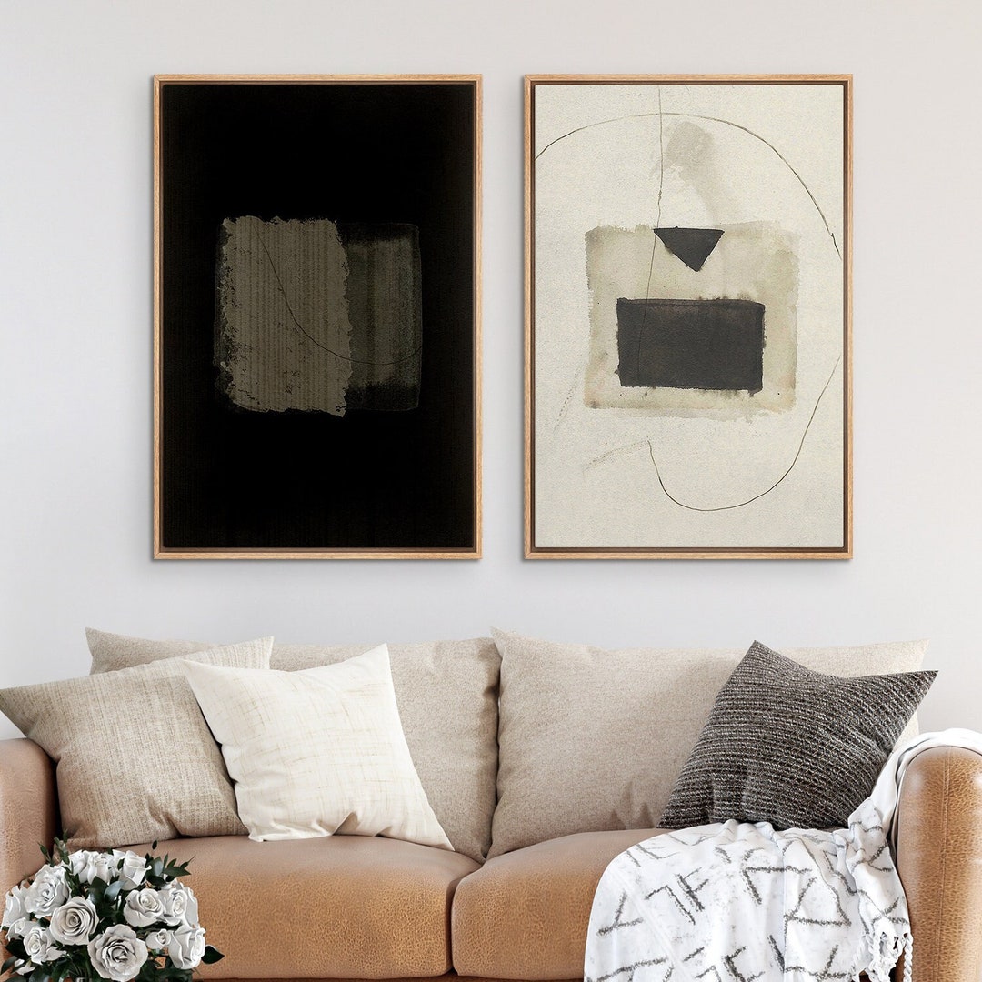 Framed Canvas Wall Art Set of 2 Black and White Grunge Abstract Print ...