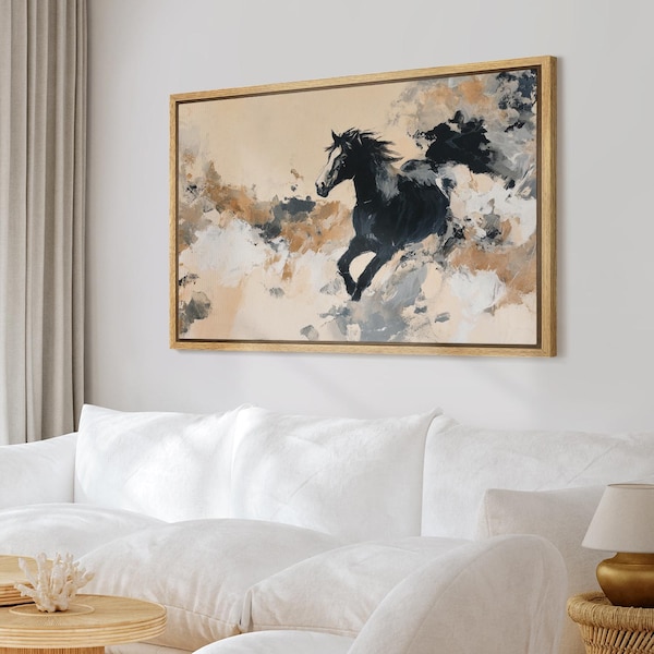Framed Abstract Black Horse Wall Art, Modern Brushstroke Animal Canvas Print, Powerful Running Horse Artwork for Living Room Office Decor