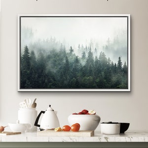 Framed Canvas Wall Art Set of 3 Green Misty Forest Mountain Landscape ...