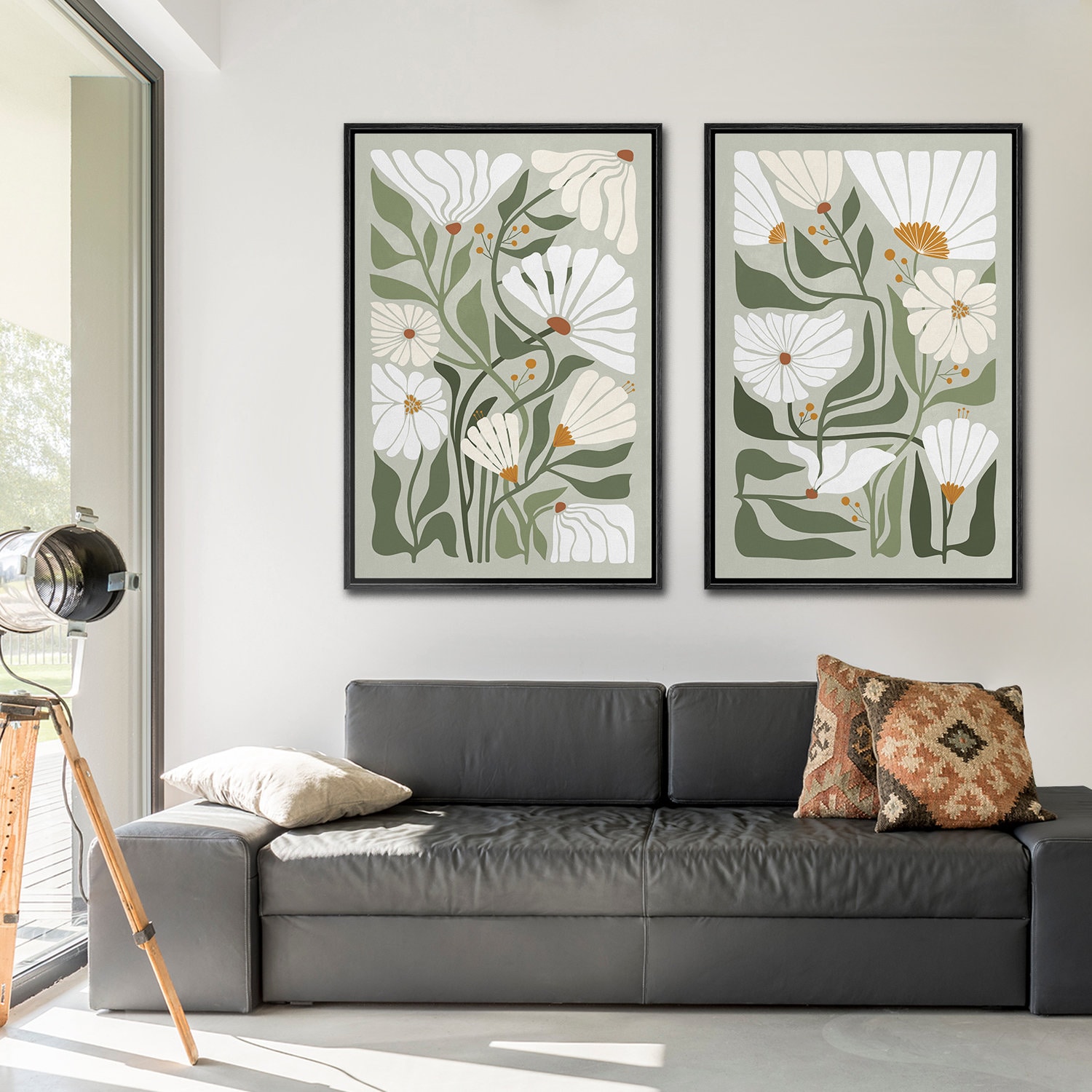 Framed Canvas Wall Art Prints Set of 2 Abstract Green Botanical Floral ...
