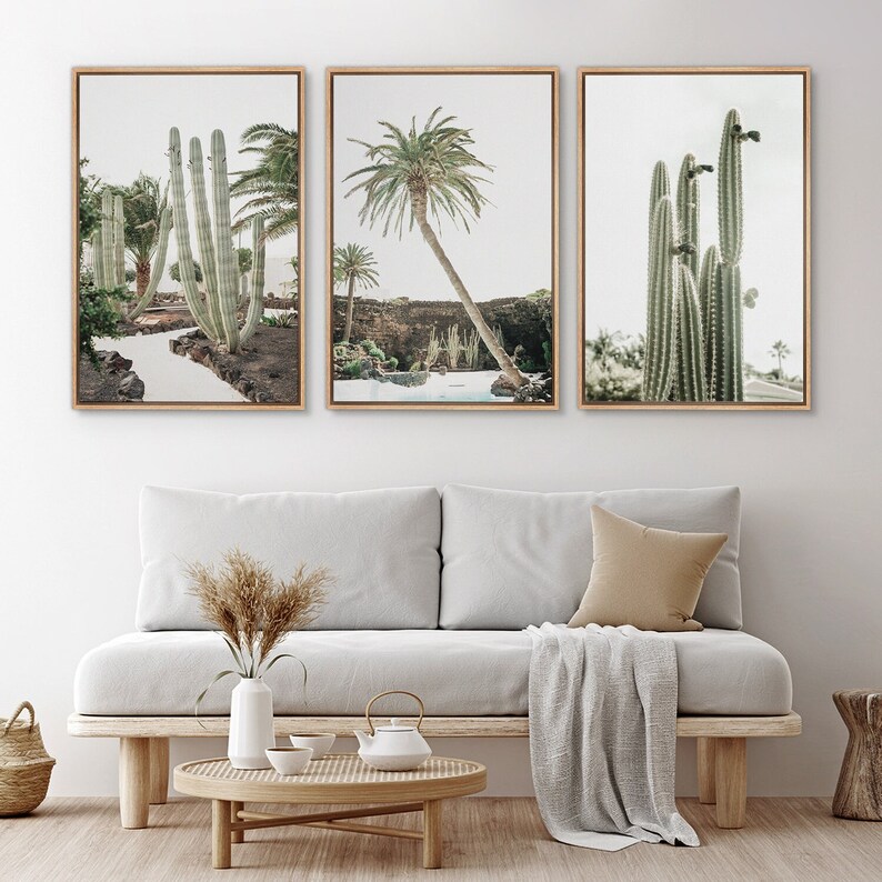 Framed Canvas Wall Art Set of 3 Green Cactus Desert Landscape Photography Prints Minimalist Modern Art Western Decor Wood