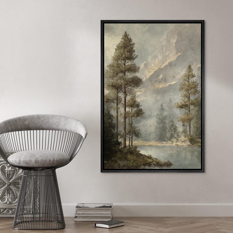 Mountain Lake Forest Wall Art - Framed Misty Landscape Canvas Print ...