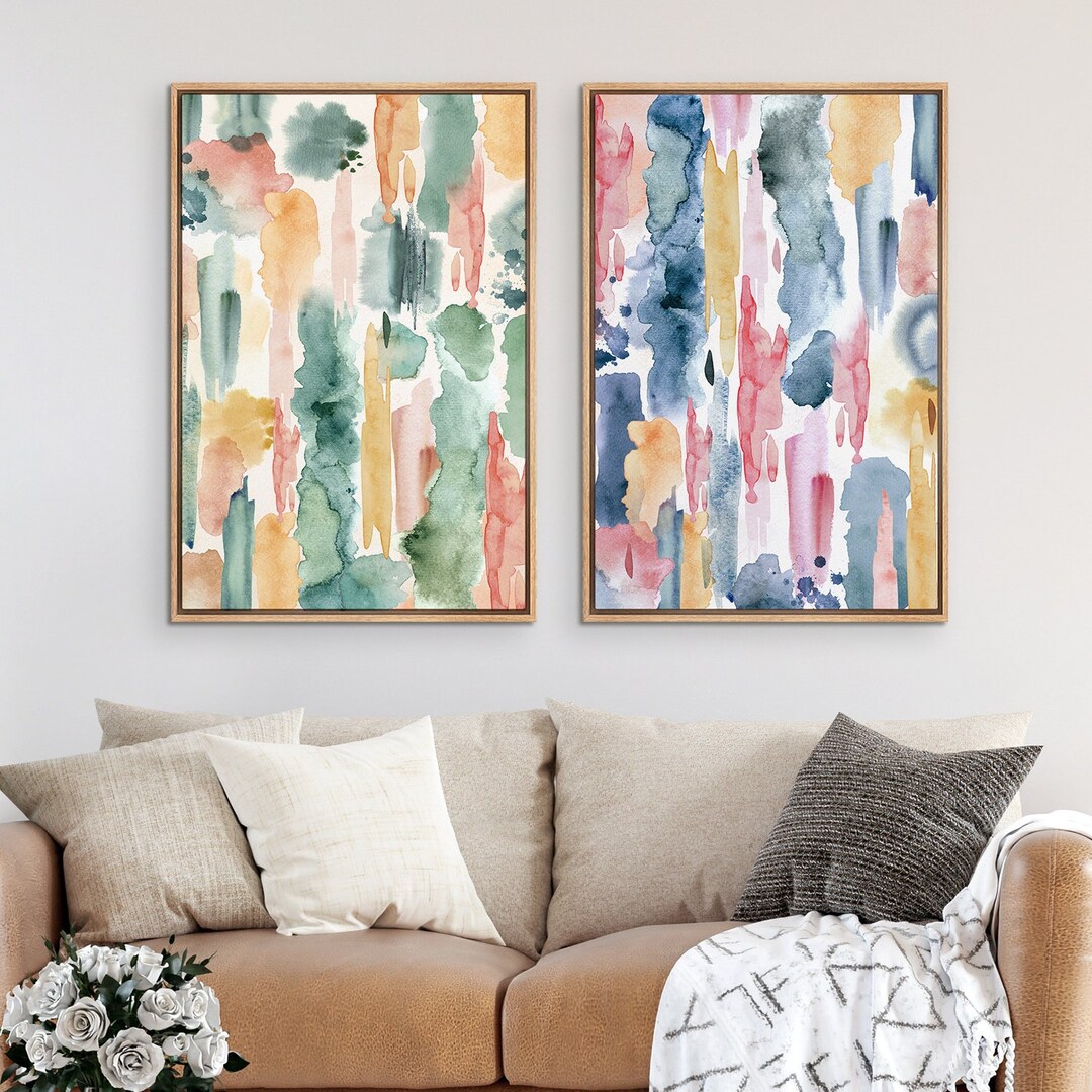 Framed Canvas Wall Art Set of 2 Watercolor Green Blue Abstract Prints ...