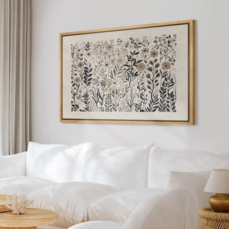 Neutral Wildflower Wall Art - Framed Botanical Canvas Print, Beige ...