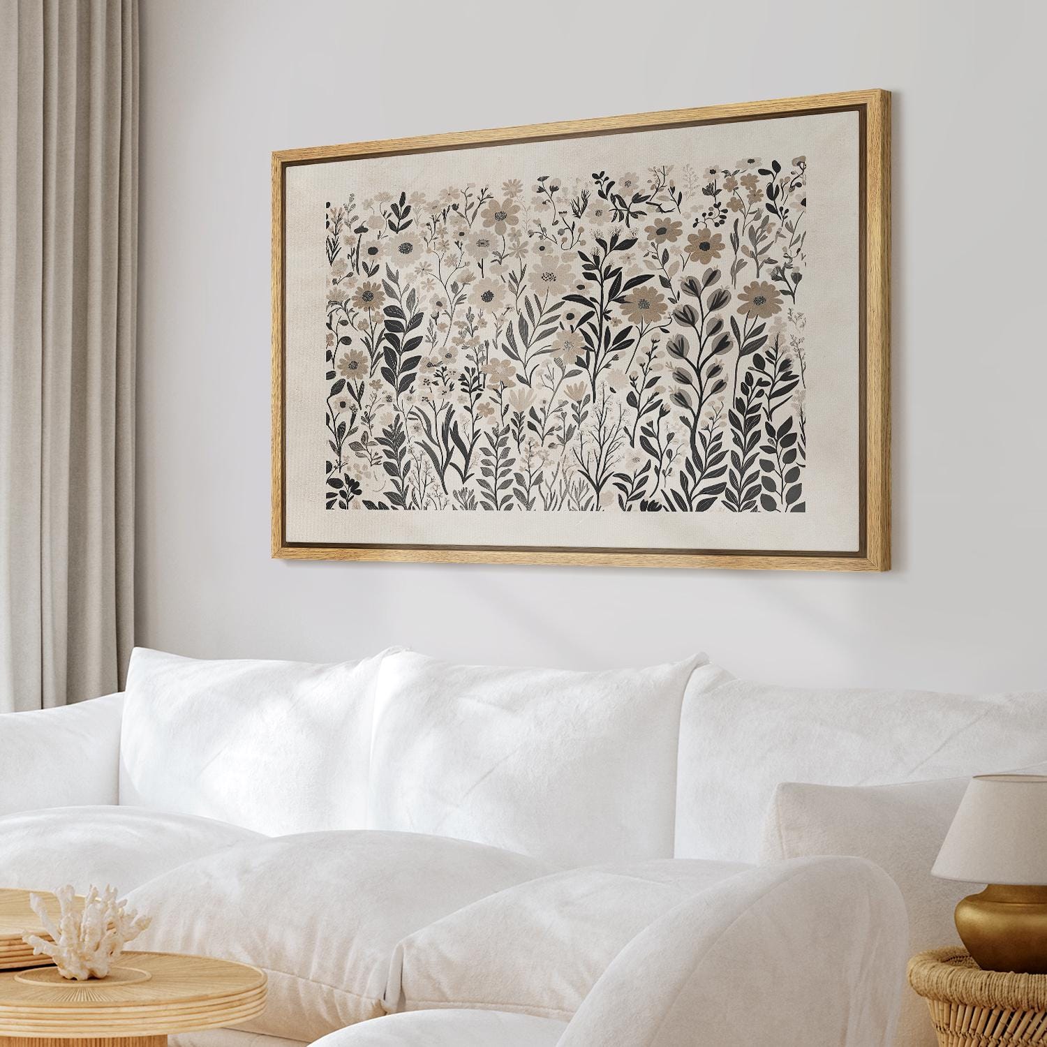 Neutral Wildflower Wall Art - Framed Botanical Canvas Print, Beige ...