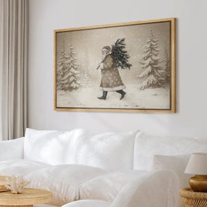 Framed Canvas Wall Art Prints Vintage Santa Claus in Winter Forest Tree Print Neutral Antique Holiday Decor Christmas Wall Art Gifts