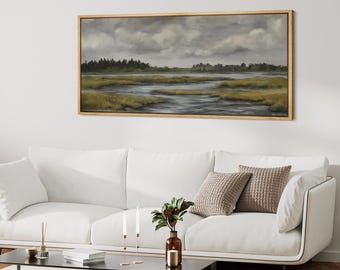 Large Muted Marsh Wetland Framed Wall Art, Moody Landscape Canvas Print, Neutral Country Decor for Living Room