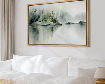 Misty Forest Lake Wall Art - Framed Watercolor Landscape Canvas Print, Tranquil Green Tree for Minimalist Cabin or Rustic Bedroom Decor