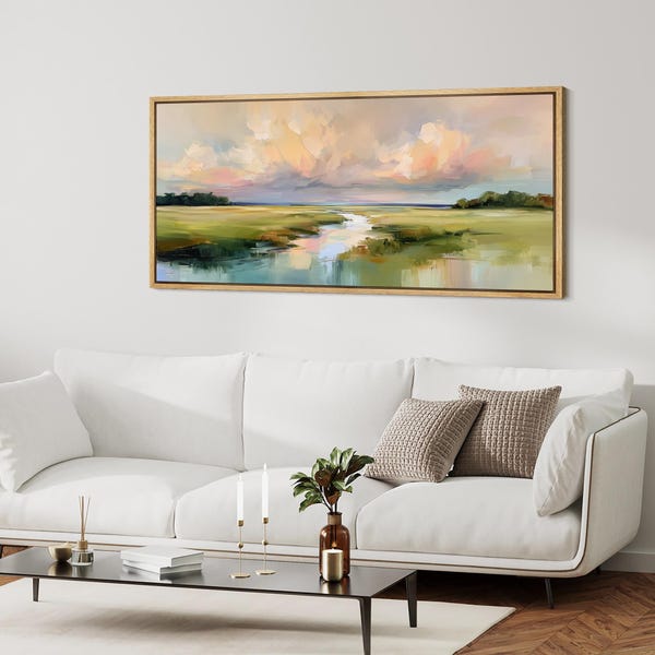 Cuadro abstracto de gran tamaño con marco, paisaje costero, impresión en lienzo de marisma al atardecer, obra de arte impresionista moderna de la naturaleza, decoración en colores suaves.