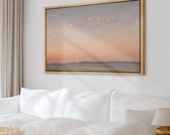 Vintage Celestial Sunset Landscape Framed Wall Art, Pastel Dusk Sky Canvas Print, Farmhouse Living Room Decor