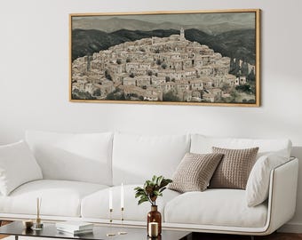 Large Neutral Italian Hill Town Framed Wall Art, Muted Beige Tuscan Landscape Canvas Print, Vintage Mediterranean Decor for Living Room