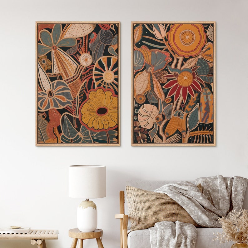 Ensemble d'art mural sur toile encadré, bouquet de fleurs, impressions botaniques florales, art moderne du milieu du siècle, décoration murale bohème bundle of 2 - Wood