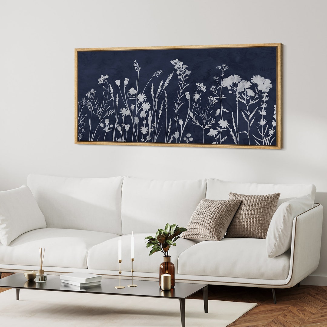 Large Framed Canvas Wall Art Navy Blue Wildflowers Silhouette Prints ...