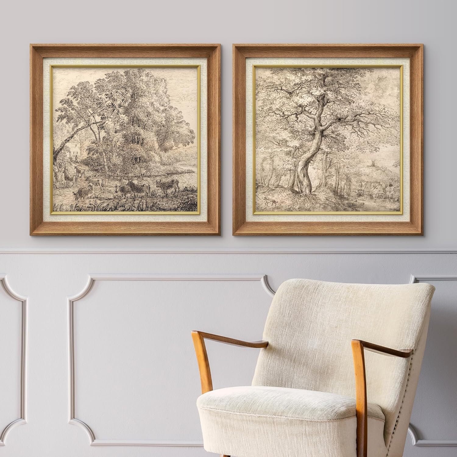 Premium Framed Wall Art Set of 2 Vintage Countryside Forest Tree ...