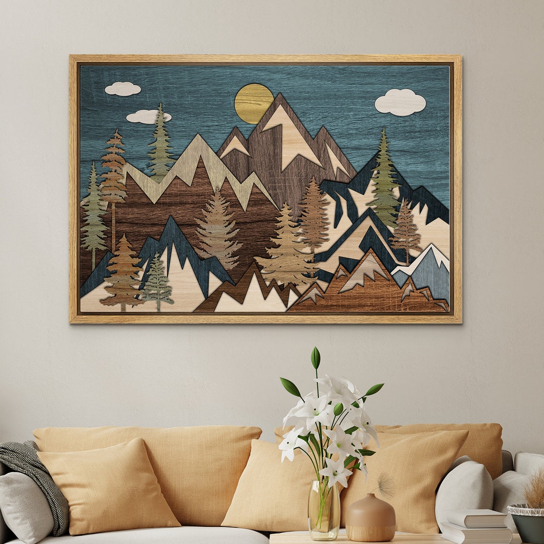 Framed Canvas Wall Art Sunset Mountain Landscape Abstract Illustrations ...