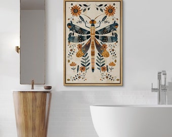 Framed Canvas Wall Art Prints Abstract Dragonfly Botanical Floral Aesthetic Art Print Mid Century Modern Boho Wall Art Decor