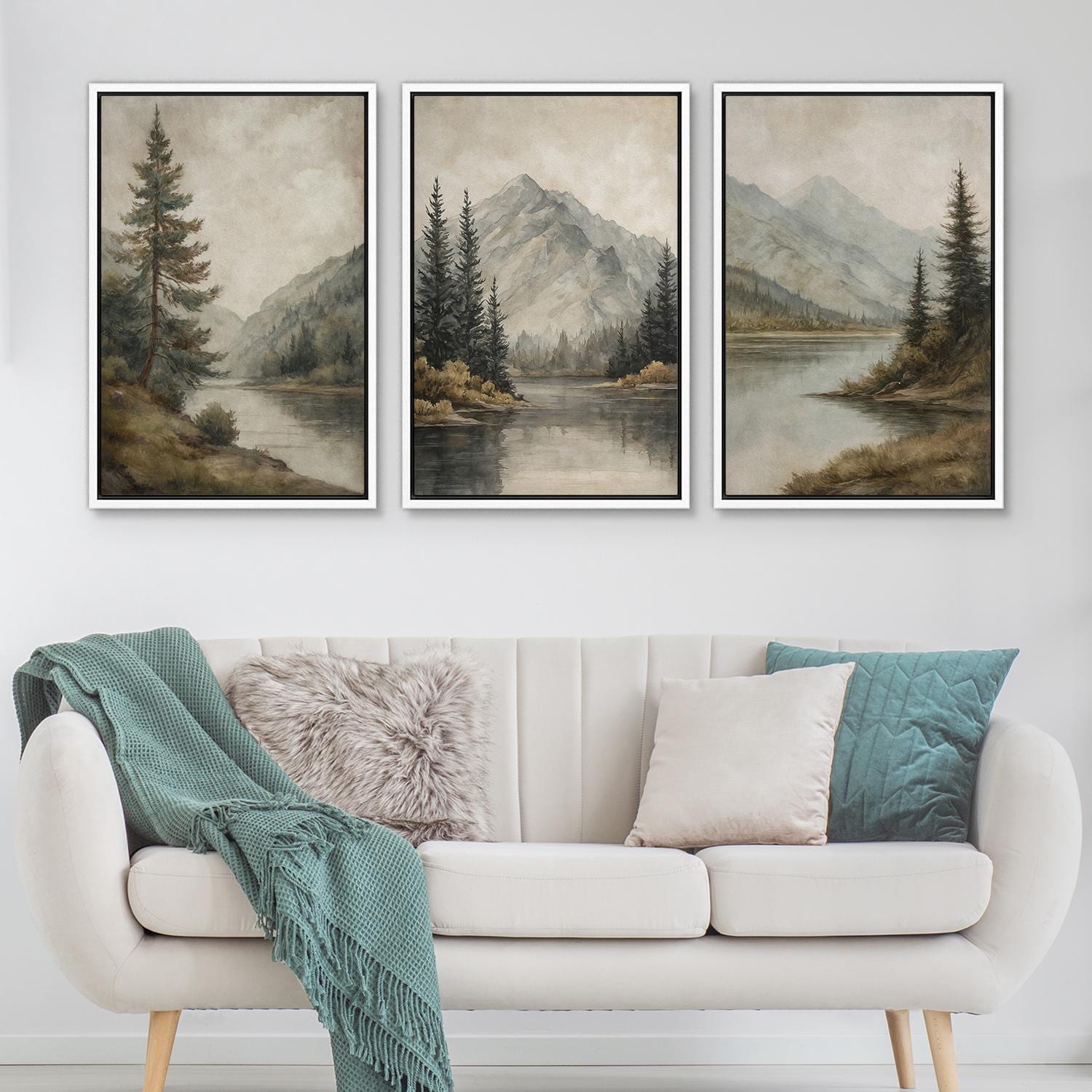 Mountain Lake Wall Art Set of 3 - Framed Pine Tree & River Canvas ...