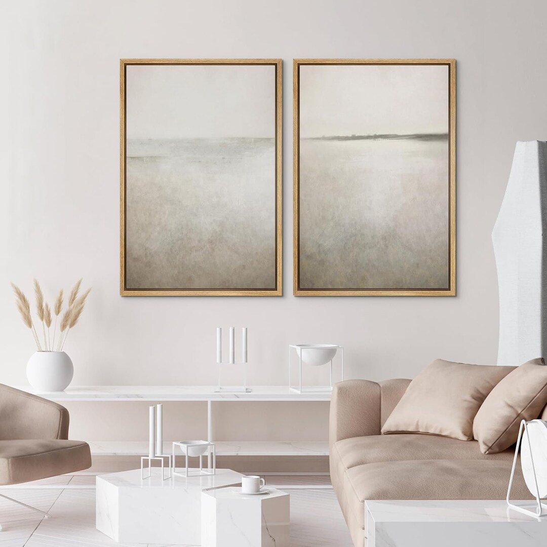 Framed Canvas Wall Art Set of 2 Beige Abstract Landscape Prints ...
