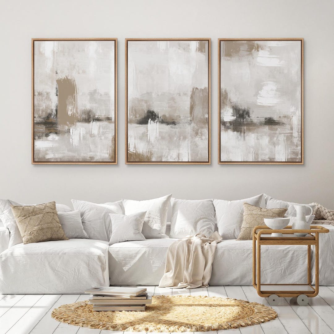 Framed Canvas Print Wall Art Set of 3 Neutral Abstract Print Beige and ...