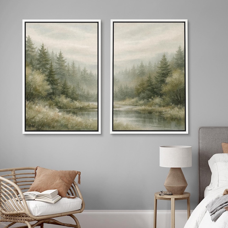 Framed Misty Forest River Wall Art Set of 2, Neutral Woodland Landscape ...