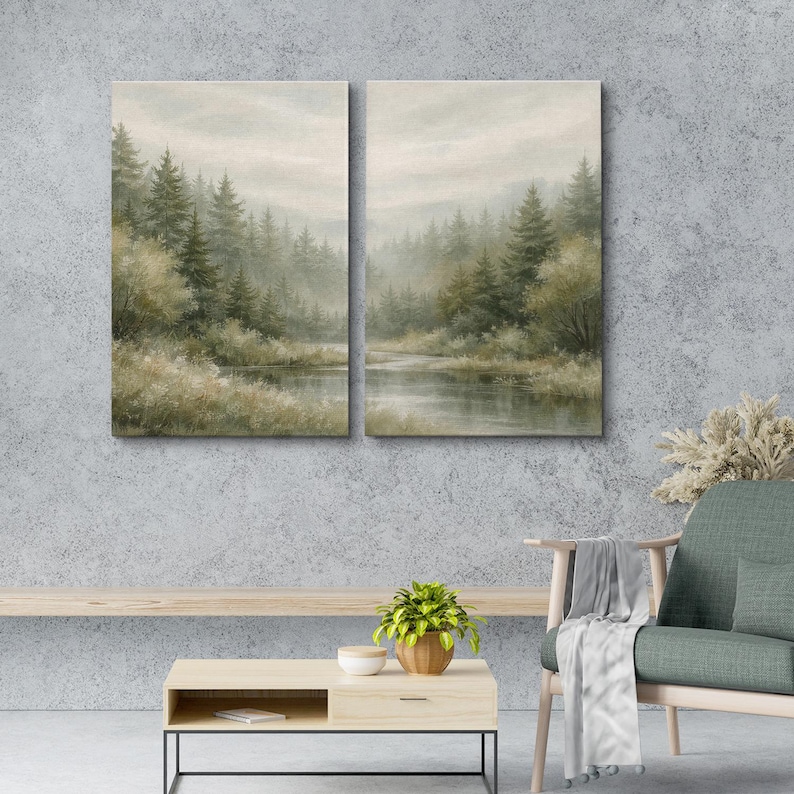Framed Misty Forest River Wall Art Set of 2, Neutral Woodland Landscape ...
