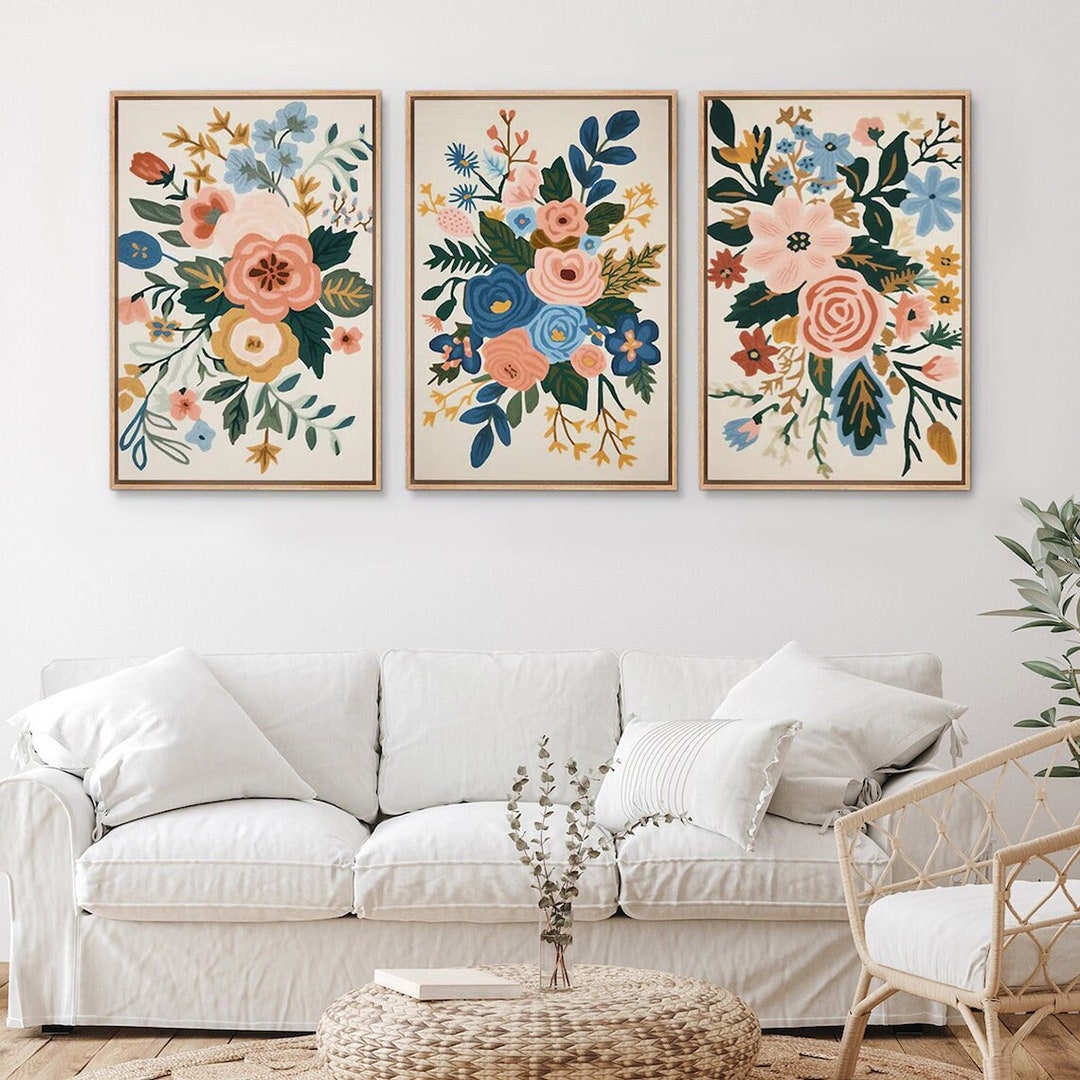 Framed Canvas Wall Art Set of 3 Coloful Wildflowers Abstract Floral ...