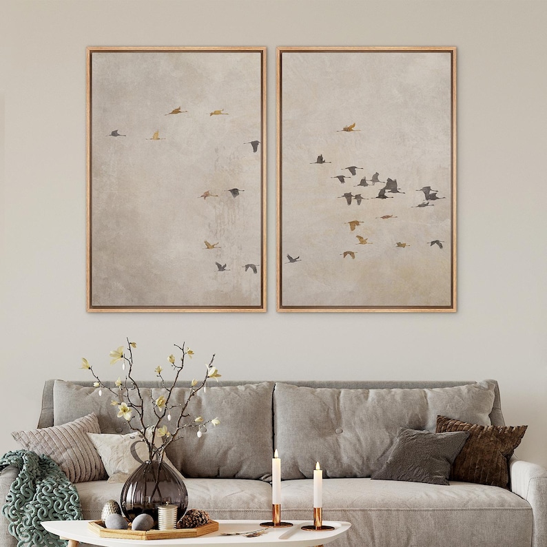 Flying Birds Wall Art - Framed Minimalist Canvas Set of 3, Neutral Beige Abstract Silhouette Print, Zen Wall Decor for Living Room, Office 2PC Set - Wood