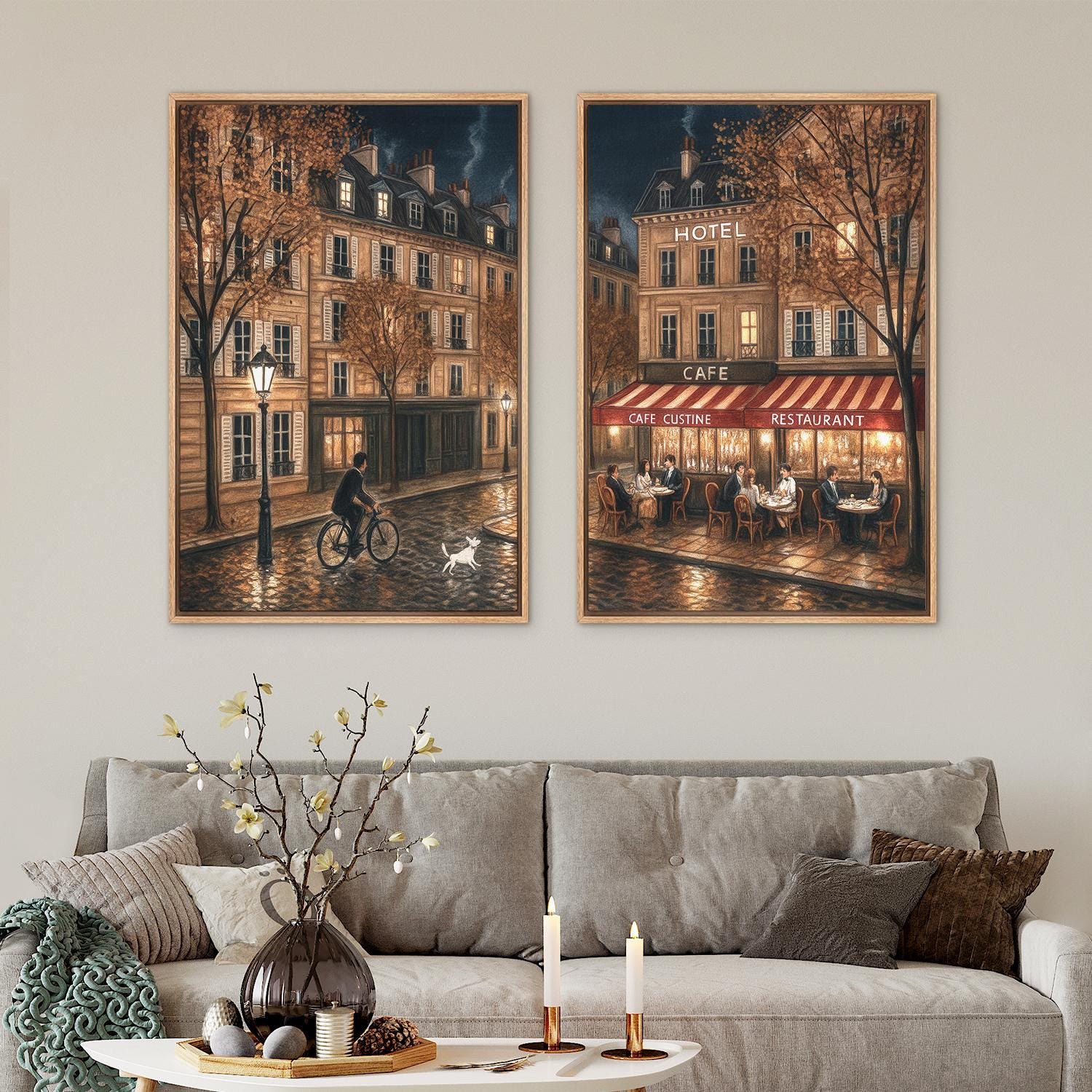 Framed Paris Cafe Night Scene Wall Art, Romantic French Street