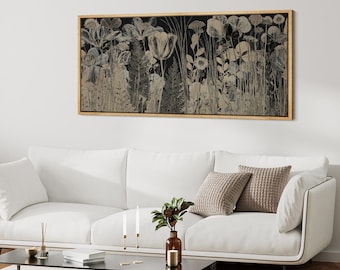 Large Dark Wildflower Framed Wall Art, Vintage Pressed Botanical‑Inspired Canvas Print, Moody Flower Decor for Living Room