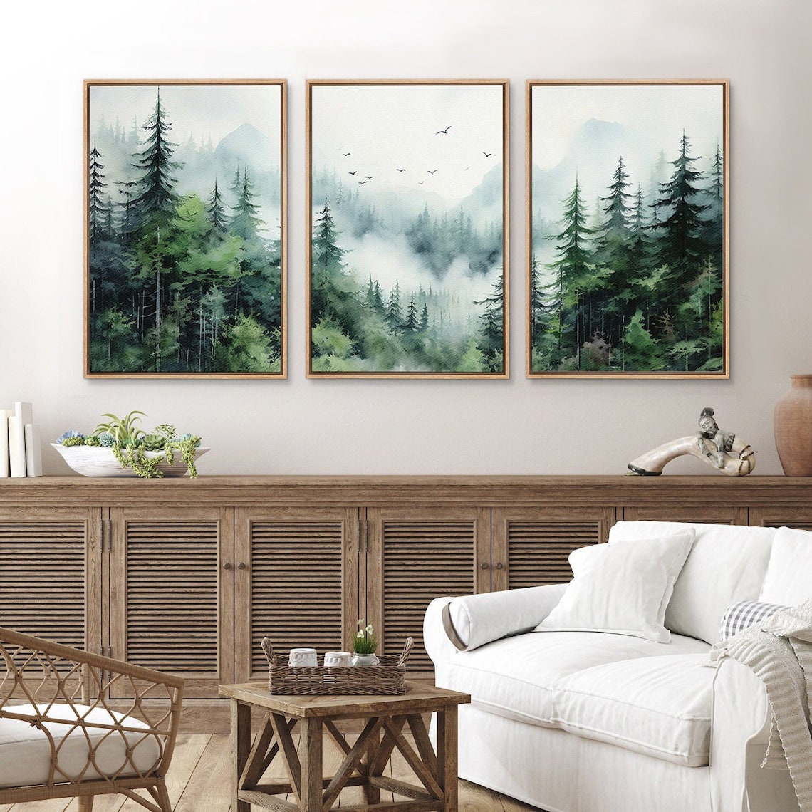 Framed Canvas Wall Art Set of 3 Green Watercolor Forest Landscape ...