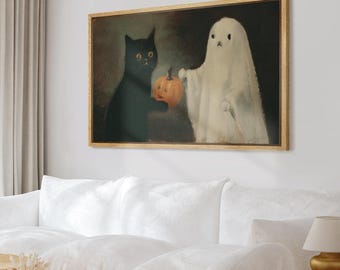 Vintage Black Cat and Ghost Framed Wall Art, Halloween Pumpkin Canvas Print, Spooky Season Decor for Living Room