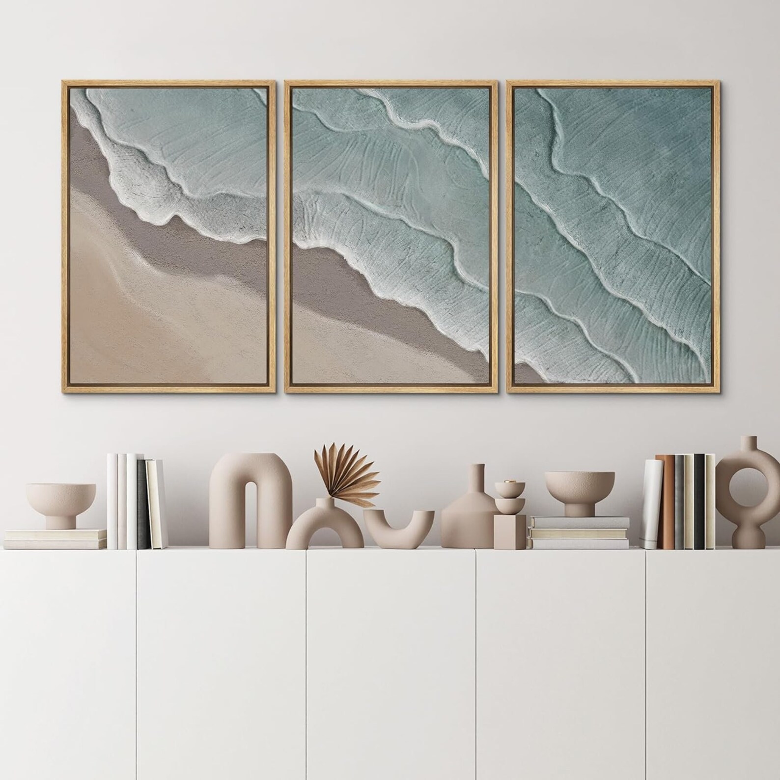 Framed Canvas Wall Art Set of 3 Coastal Beach Ocean Blue Prints Neutral ...