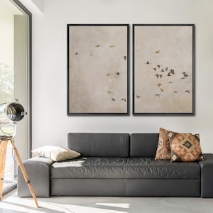 Flying Birds Wall Art - Framed Minimalist Canvas Set of 3, Neutral Beige Abstract Silhouette Print, Zen Wall Decor for Living Room, Office 2PC Set - Black