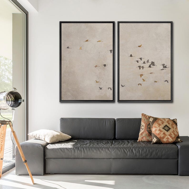 Flying Birds Wall Art - Framed Minimalist Canvas Set of 3, Neutral Beige Abstract Silhouette Print, Zen Wall Decor for Living Room, Office 2PC Set - Black