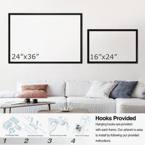 Puede incluir: Dos obras de arte enmarcadas con bordes negros se exhiben en una pared blanca. El marco m&aacute;s grande est&aacute; etiquetado "24"x36"", y el m&aacute;s peque&ntilde;o "16"x24"". Debajo, se muestran instrucciones y hardware para colgar el arte.