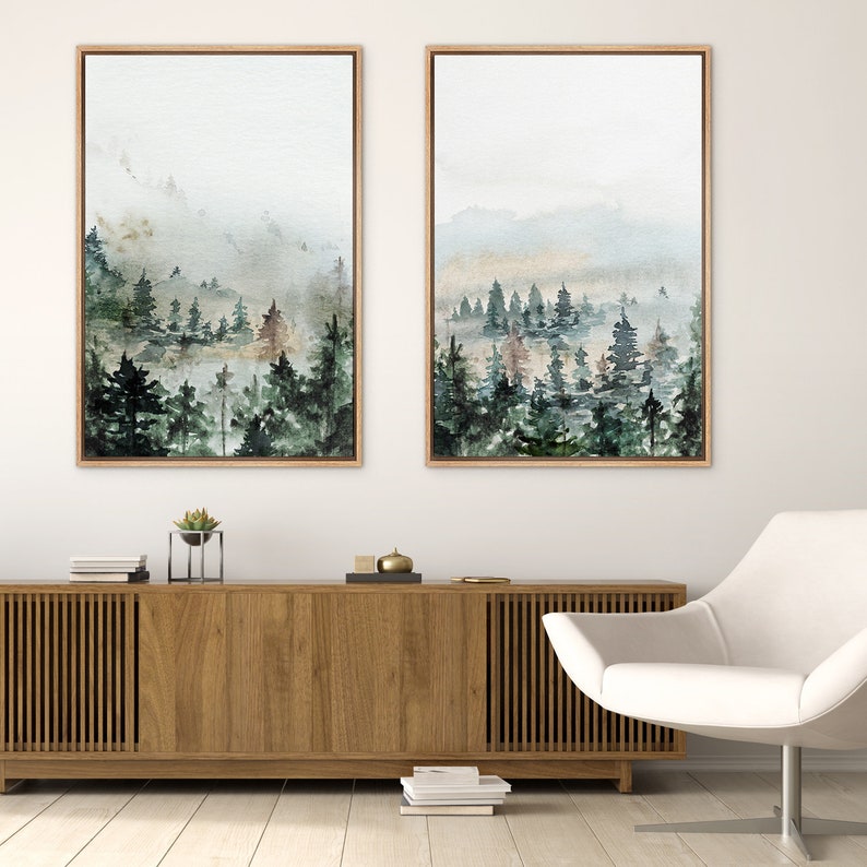 Framed Canvas Wall Art Set of 2 Green Forest Mountain Landscape Prints ...