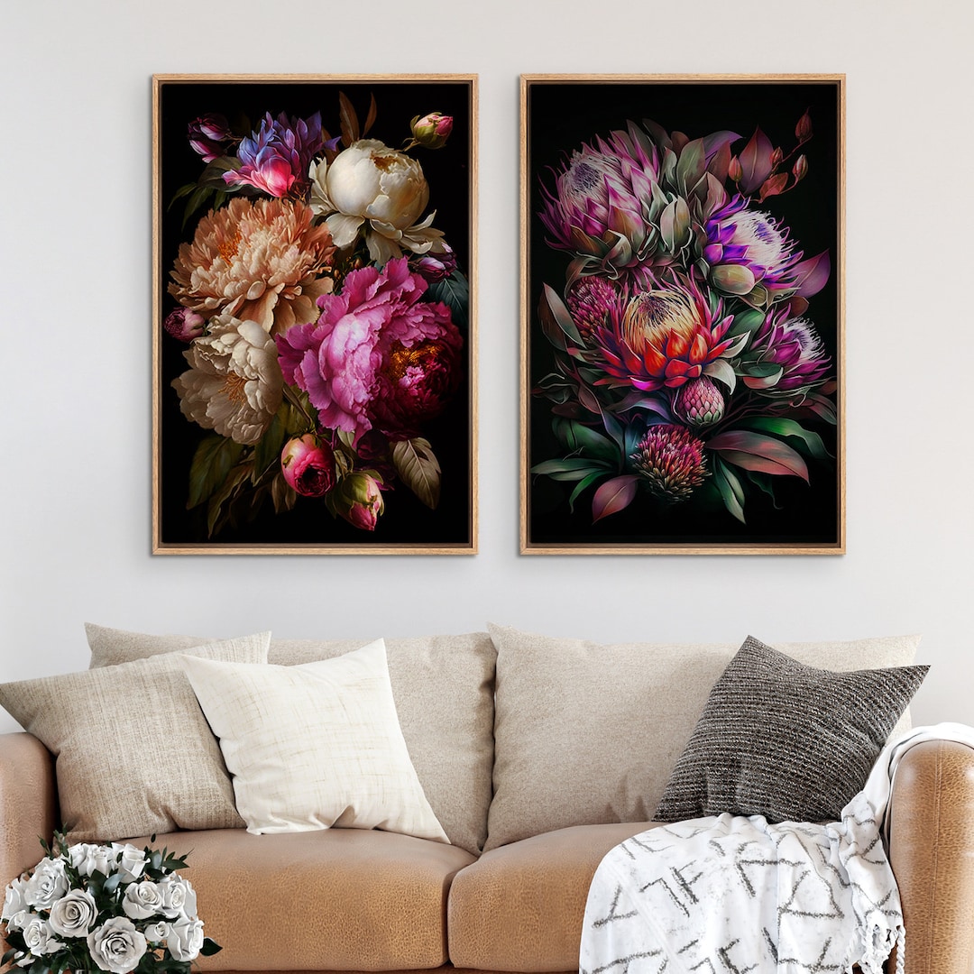 Framed Canvas Wall Art Set of 2 Moody Flower Floral Botanical Prints ...