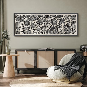 Large Framed Botanical Floral Silhouette Wall Art, Abstract Geometric Wildflower Canvas Print, Modern Living Room Decor