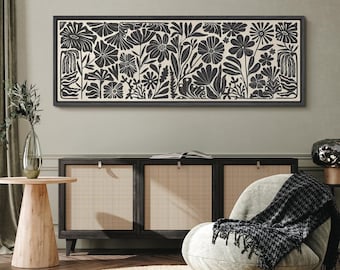 Large Framed Botanical Floral Silhouette Wall Art, Abstract Geometric Wildflower Canvas Print, Modern Living Room Decor
