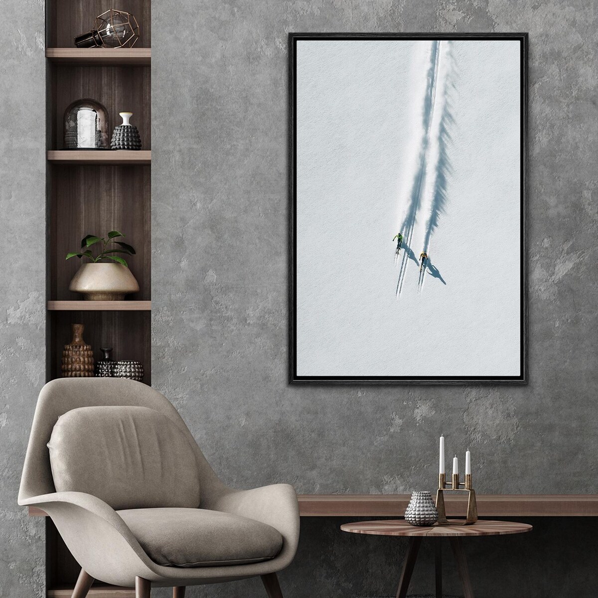 Minimalist Skiing Wall Art 16x24 Black Frame